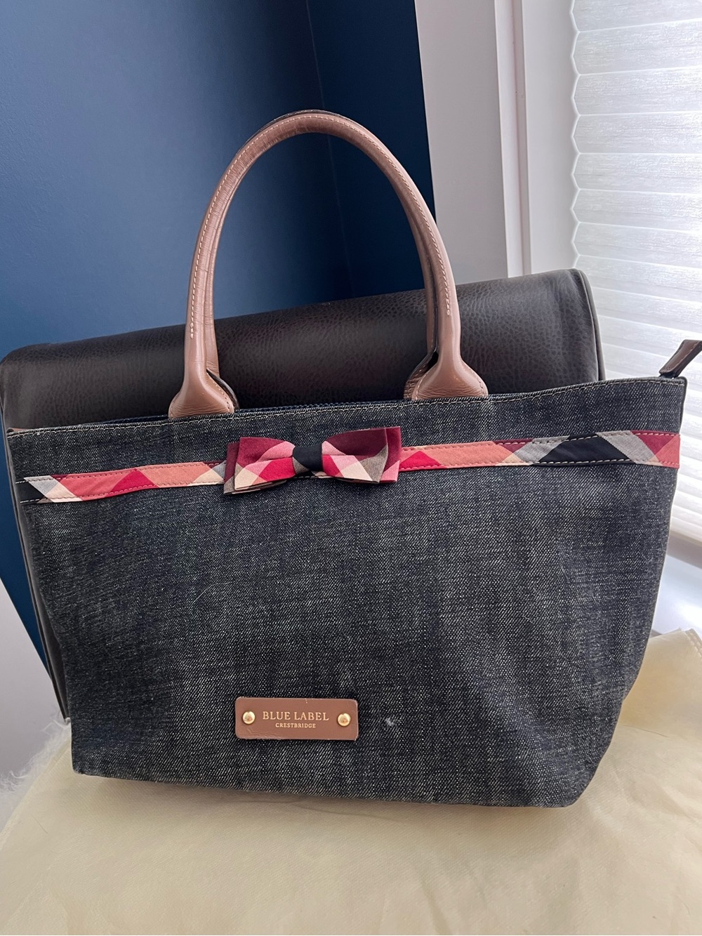 Burberry Blue Label Denim Tote with Pink Patterned Bow and Tan Handles